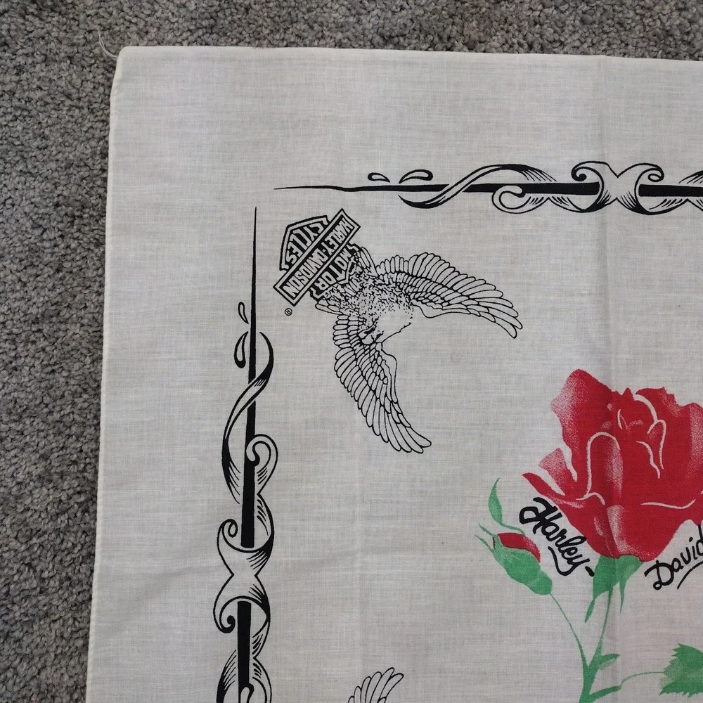 Vintage 80s Harley Davidson Bandana Rose Upwing Eagle Bar Shield USA Made White